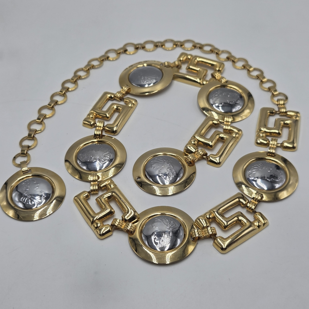 90s Yellow Gold-Tone Medallion Statement Belt with Silver Accents Vintage